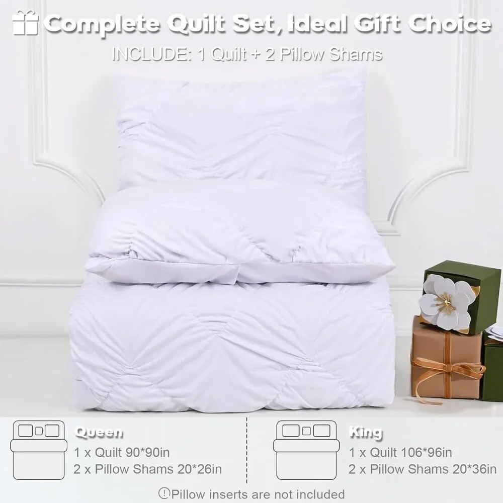 White Quilts Queen Size Pintuck Bedding Set 3 Piece